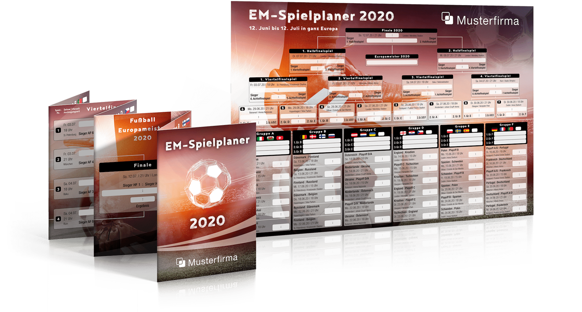 Abbildung des Fußball EM-Faltplaner und Fußball EM-Wandplaner in unserem bunten Design.