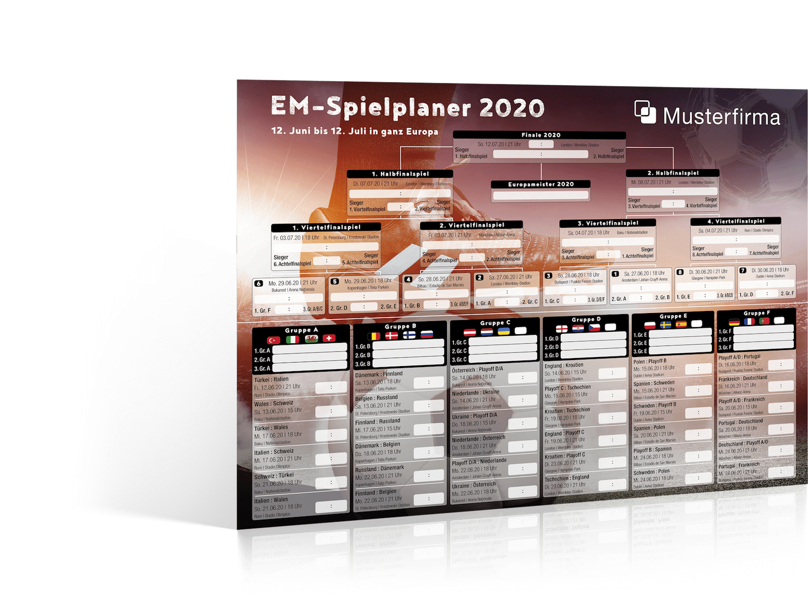 Abbildung des Fußball EM-Spielplaners 2020 als Wandplaner in unserem bunten Design.